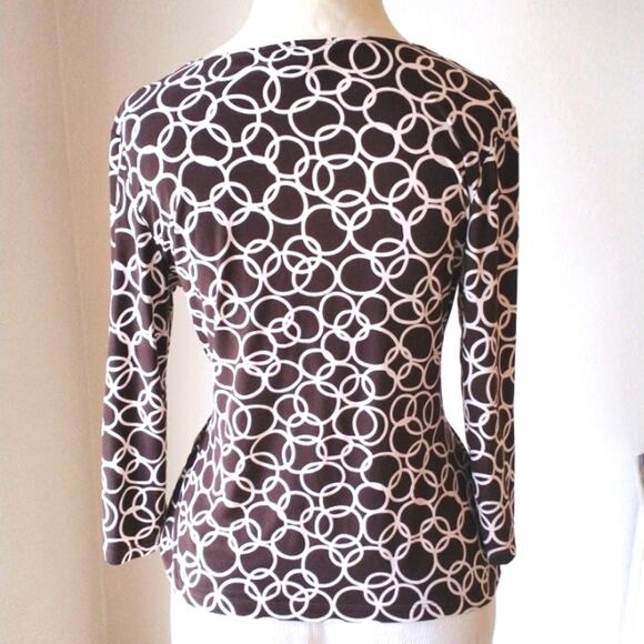 Y2k VNTG Brown Top Sz M GEOMETRIC V-Neck Wrap 3/4 Sleeve Babydoll Retro Artsy - Picture 7 of 8